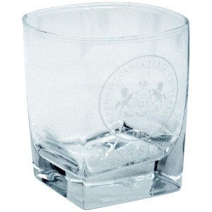 square rocks glass with etched Penn State University below official seal